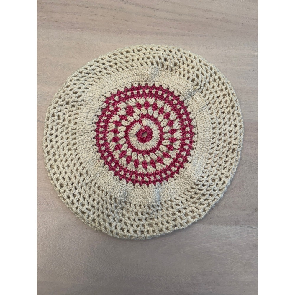 Handmade Crochet Beret Slouchy Beanie Hat Cream Pink Mandala Metallic Thread